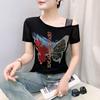 Fashion Skew Collar One Off Shoulder Bling Diamonds Butterfly T-shirt Short Sleeved Slim Tees Women's Tops Clothes