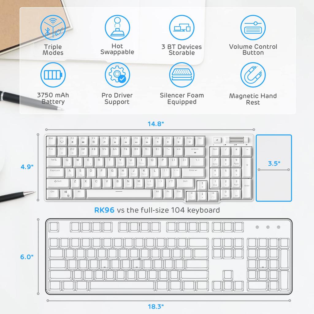 RK ROYAL KLUDGE RK96 96 Keys Hot Swapable Mechanical Wireless Bluetooth Mechanical Keyboard with Magnetic Wrist Blue Backlight 90% BT5.0/2.4G/USB-C
