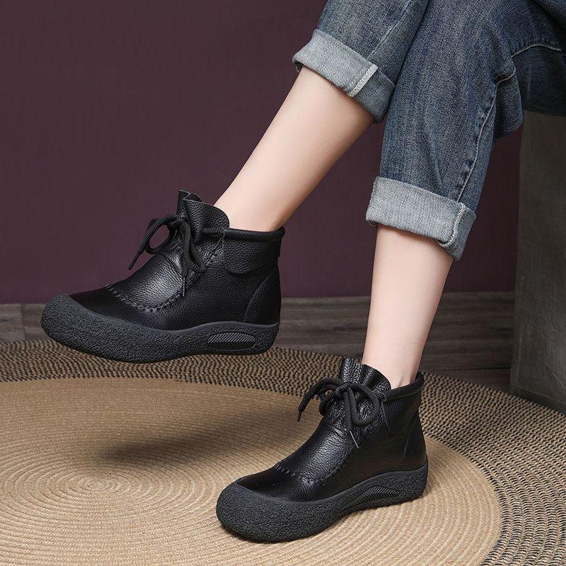 2024 Осень Винтаж Ручной Работы Мягкая Кожа Шитье Короткие Сапоги Низкий Каблук Круглый Носок Короткие Сапоги Труба Женские Резиновые Короткие Сапоги