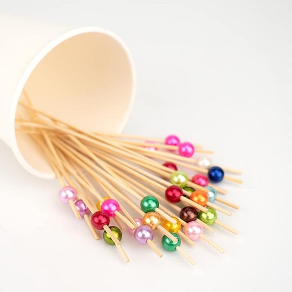 100 Counts Cocktail Picks, Fancy Toothpicks for Appetizers, Pearl Wooden Sticks for Party Supplies, Valentine's Day Food Picks for Party