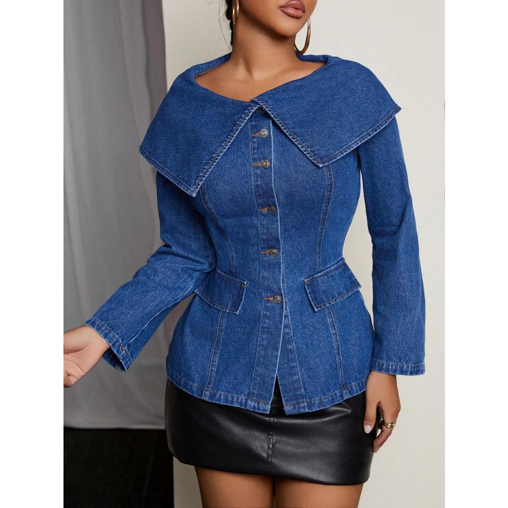 Women's Round Neck Long Sleeve Denim Jacket Regular Elegant Commuter Top Big Lapel Button Peplum Blouse