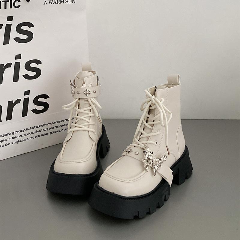 Празднуйте Sweet Cool Мотоциклетные ботильоны на толстой подошве Женские 2025 Новые Осенние Ретро Короткие Ботильоны Бант Пряжка Обувь для Женщин