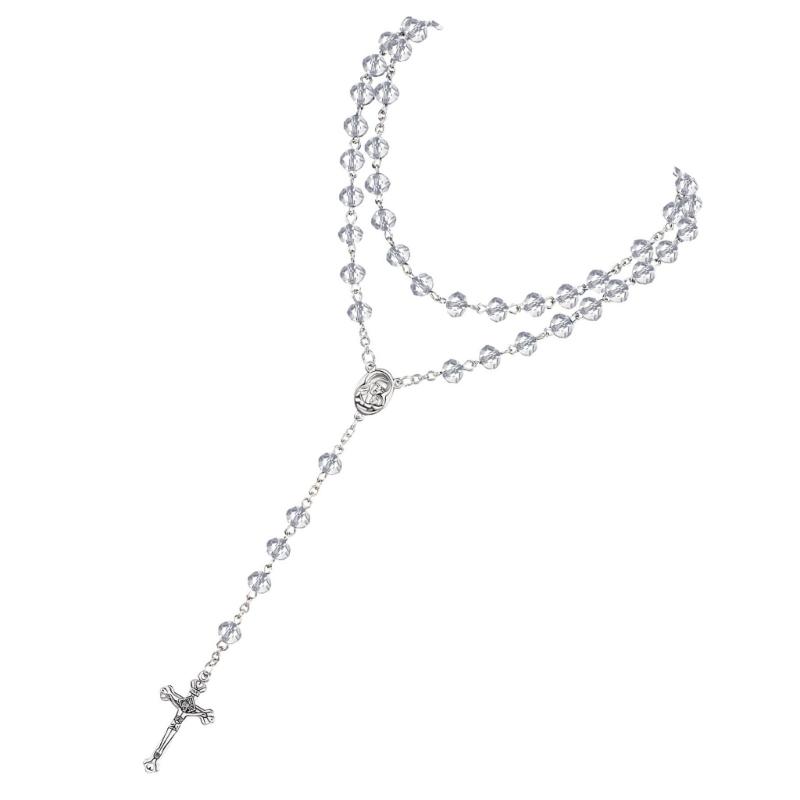 652F Catholic Rosary Crystal Beads Necklace with Miracles Medals Crosses Crucifix First Communion Rosary for Women Men
