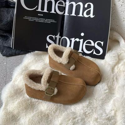 Версия из коровьей кожи, всеобъемлющие женские бархатные утолщенные теплые маленькие модные хлопковые туфли на одной педали, туфли из овечьей шерсти