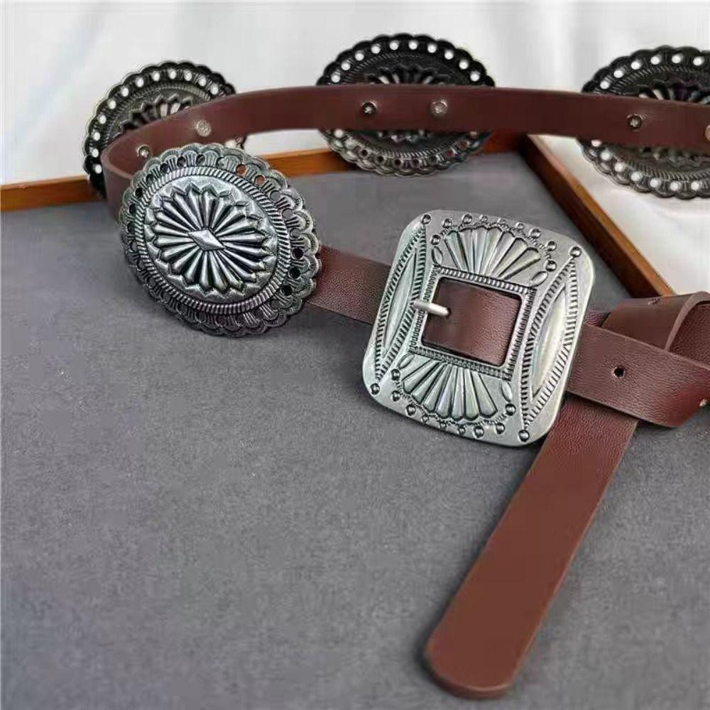Wide Bohemian Style Belts Western Style Cowboy Ethnic Style Waistband Metal Carved Belts Women