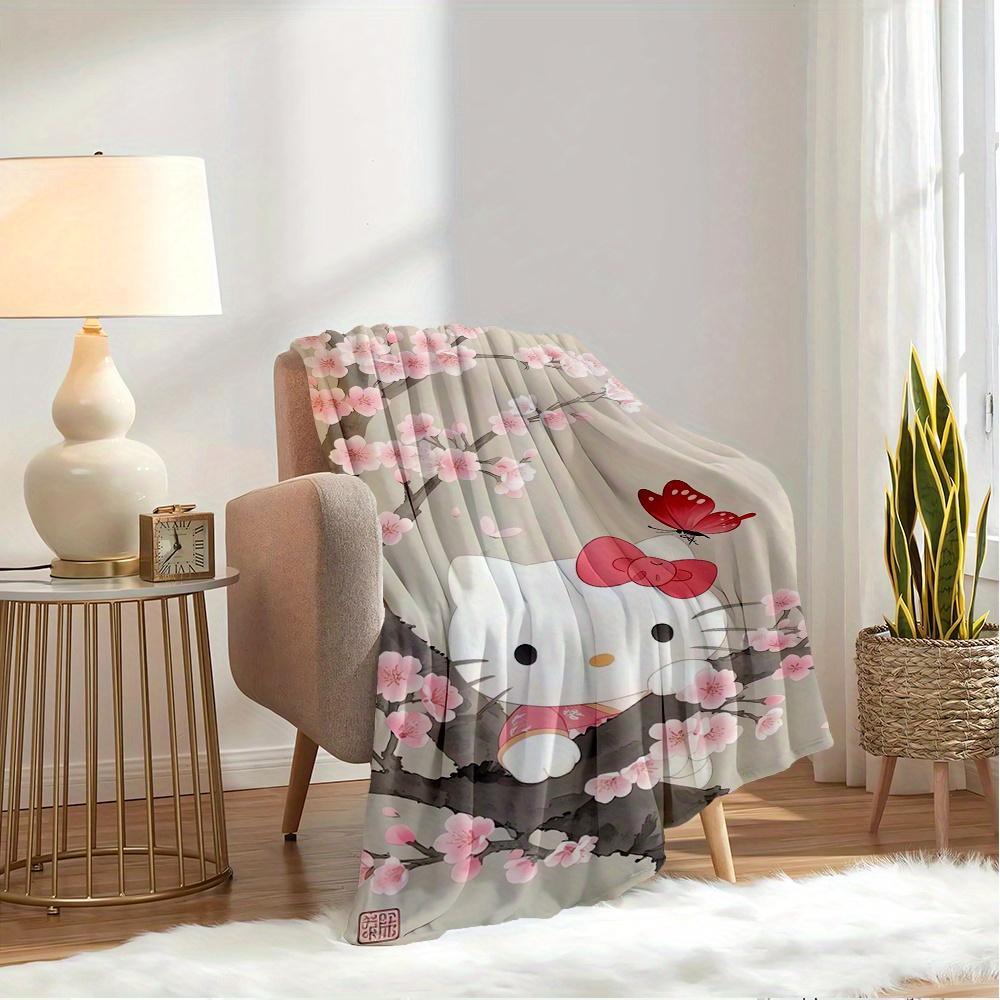 1pc Hello Kitty, Cherry Blossoms, ButterflyDigital Print Fleece Blanket - Contemporary Style, Suitable for All Seasons, Perfect for Home, Tr