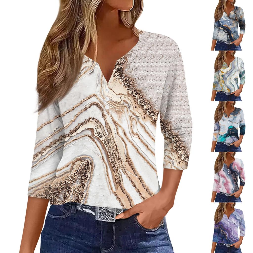 Women's T Shirt Tee Print Button 3/4 Sleeve Daily Weekend Fashion Basic V- Neck Regular Top
