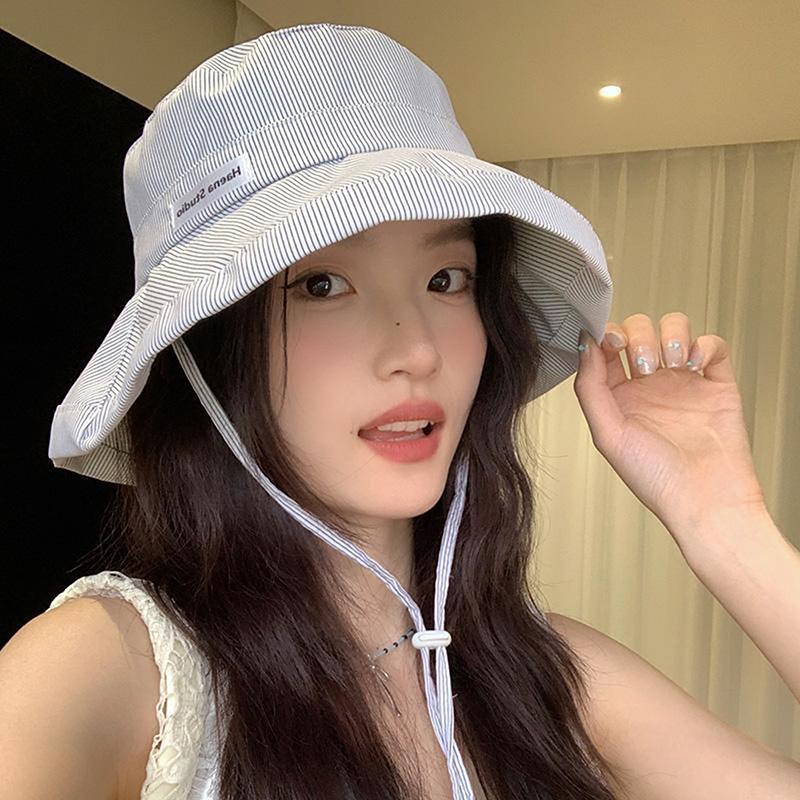 Korean Version Of Fresh Striped Bucket Hat Spring And Summer Thin Women'S Outdoor Sunshade Lace-Up Big Eaves Foldable Sun Cap