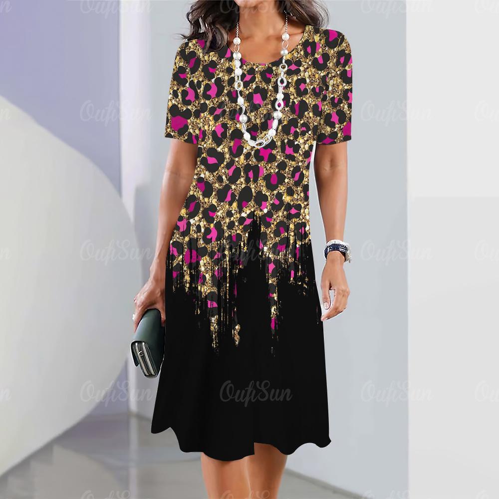 Женская мини-юбка с леопардовым принтом, модные летние платья до колена, уличные элегантные игривые платья 2023 года с круглым вырезом, женские топы, пуловеры