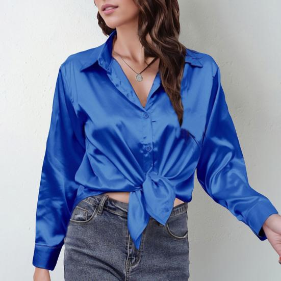 Женская рубашка с лацканами, длинным рукавом, из гладкого атласа, топы, однотонная, свободного кроя, повседневная рубашка, рубашка офисной леди, для повседневной носки
