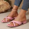 Square Head Open Toe Cross One Word Drag Large Size Thick Heel Slippers Female External Wear Middle Heel Sandal Drag