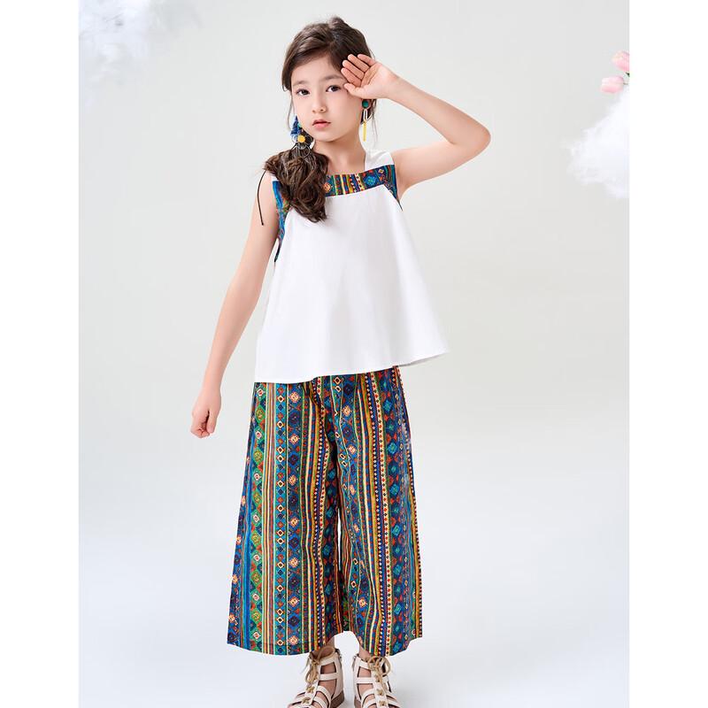 Montagut Girls' Summer Ethnic Style Sleeveless Top & Wide-Leg Pants Set