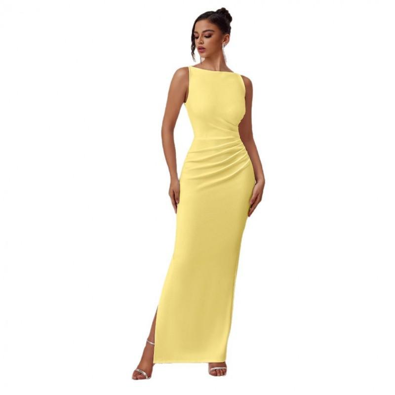 Elegant Sleeveless Solid Color High-Waist Slit Midi Dress Women 2025 Chic Office Party Wear