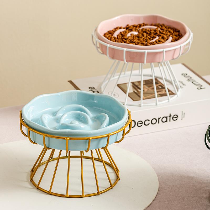 Ceramic Slow Feeder Dog Cat Bowl Flower Shaped Anti-Choking Pet Food Dish Protection Elevated Neck Feeder with Stand
