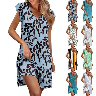 Женское летнее платье с рукавами-рюшами, V-образным вырезом, короткие платья, модное, повседневное, свободное, А-силуэта, платье-солнце с карманом