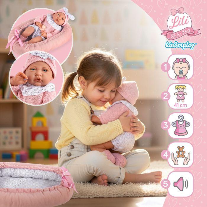 Poupée bébé interactive 41 cm avec cocon, sons réalistes – Kinderplay Lili (KP3513)