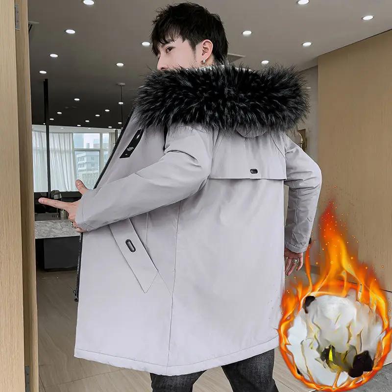 Зимняя куртка с хлопковой подкладкой, мужская куртка средней длины с капюшоном, хлопковая подкладка плюс утолщение из бархата