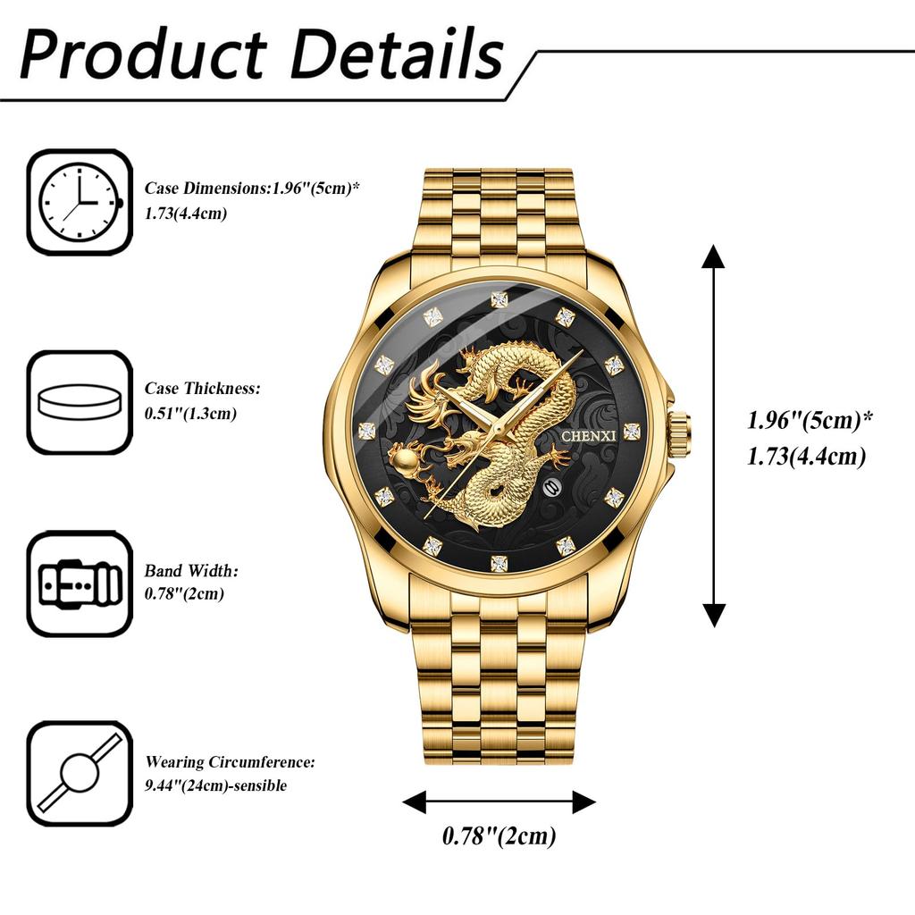 Dragon Watch Stainless Steel Luminous Analog Calendar Dragon Quartz Watch Antique 3ATM Waterproof Fashion Accessories Gold Birthday Anniversary