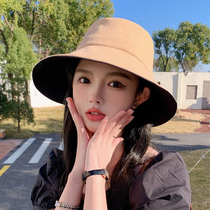 Bucket hat women's summer new two-color basin hat fashionable versatile sunscreen hat trendy school style big edge sun hat