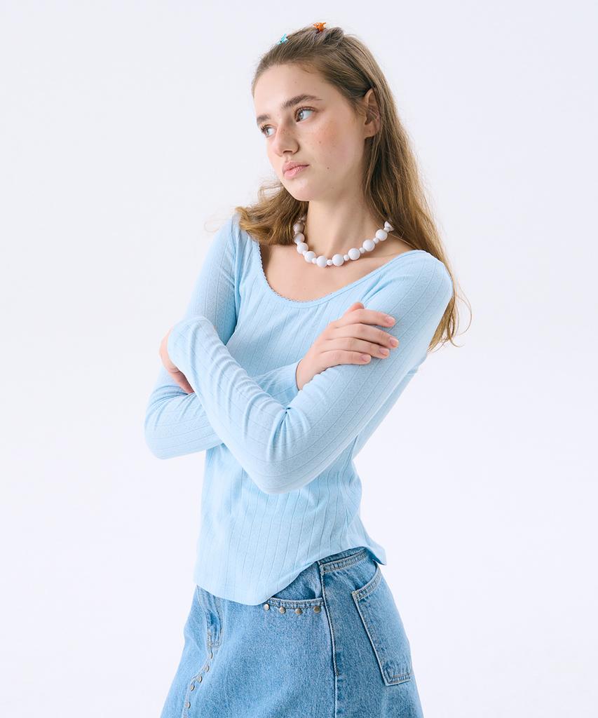 JUNEJUNE SPACE Scoop-Neck Eyelet T_Light Blue