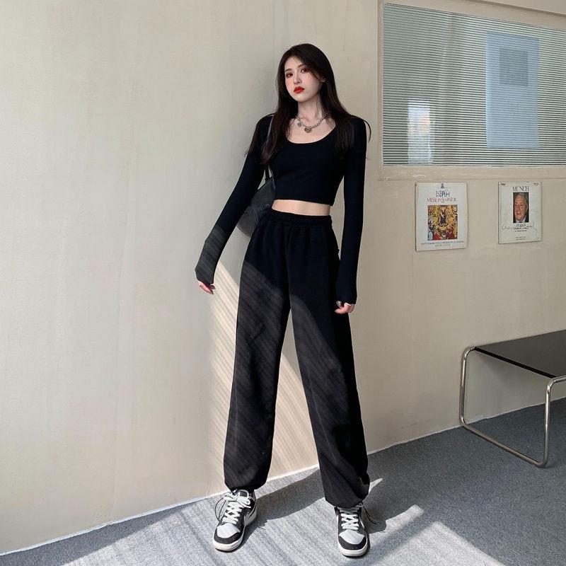 Серые бархатные повседневные брюки для женщин осенью и зимой, утепленные широкие брюки, свободные утягивающие спортивные брюки с высокой талией