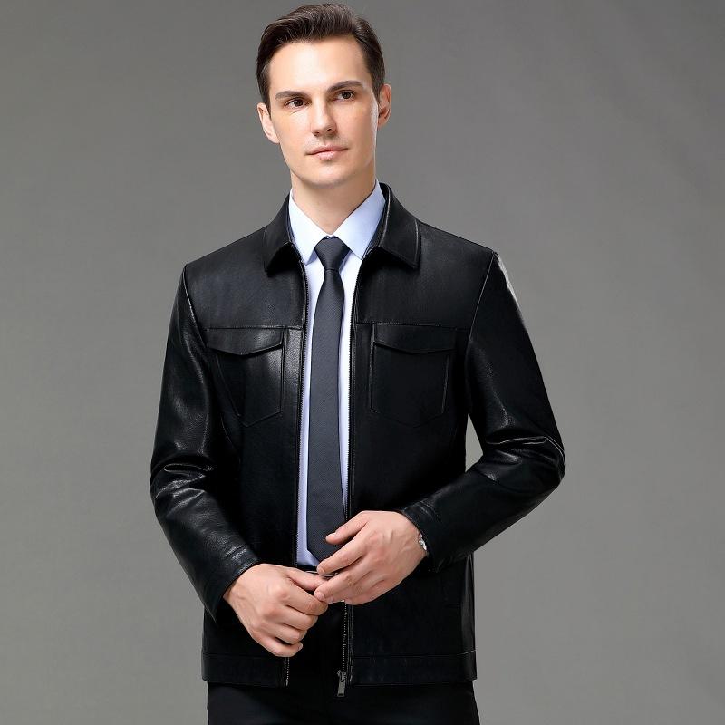 Genuine Leather Jacket for Men, Short Stand Collar, Thickened Autumn and Winter Middle-aged and Elderly Men's Casual Sheep Leather Wallet