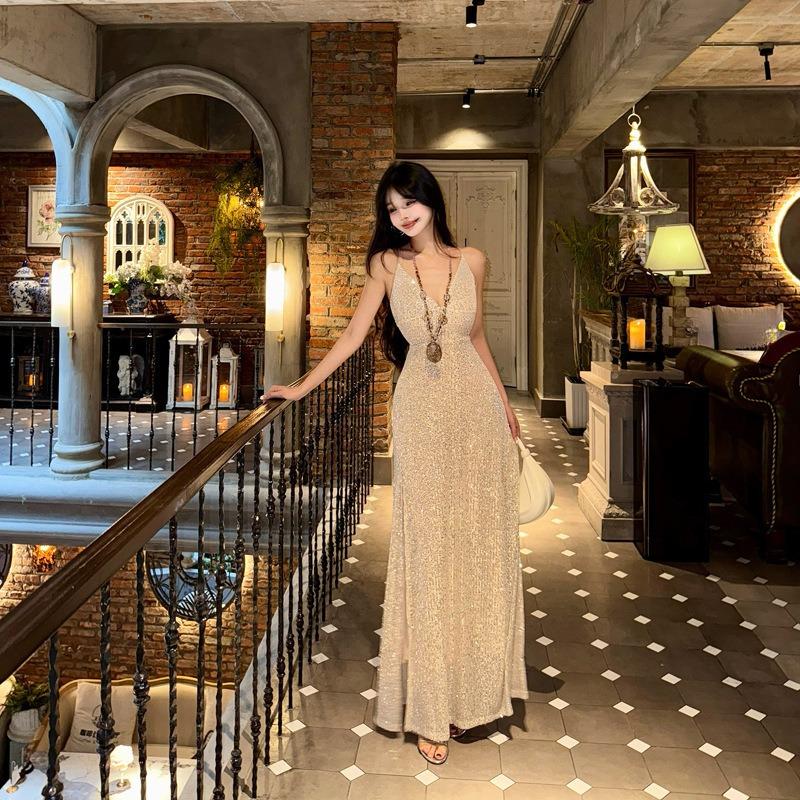 Sexy Collar Suspender Dress Women's Summer Waist Temperament Sequined Skirt High-end Evening Dress Mopping Dress