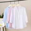 100% Cotton Shirt Blue Summer Korean Stand-up Collar Button Blouse Three-quarter Sleeve Top Women Loose Profession White Shirts