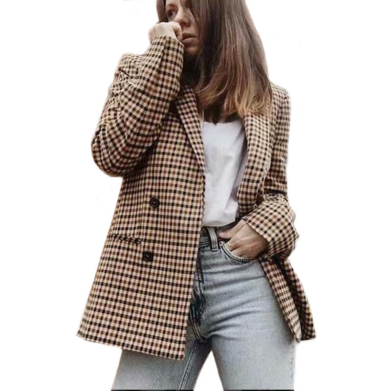 Женский клетчатый пиджак, весеннее двубортное пальто в клетку с длинным рукавом, формальный пиджак, костюм, женская верхняя одежда