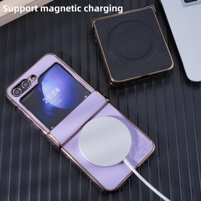 Премиальный магнитный чехол с текстурой кожи личи для Samsung Z-Flip7 и Z-Flip6 - Защита от падений, складной