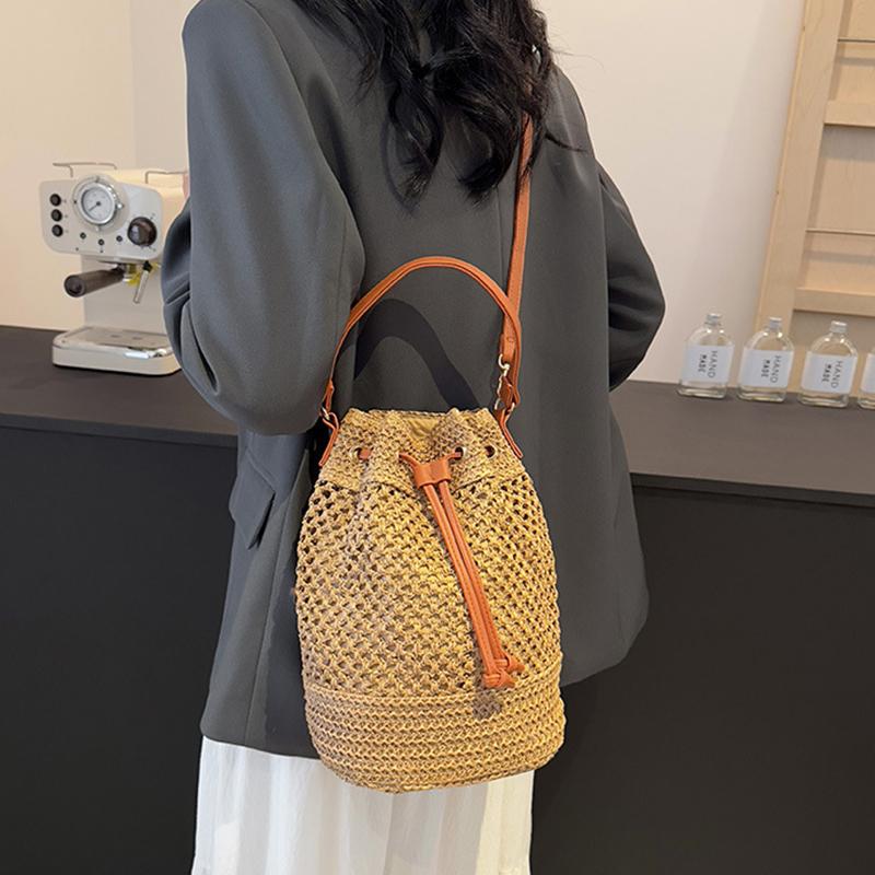 Летние соломенные сумки через плечо, женская сумка-ведро с завязками, плетеные вручную сумки из рафии, повседневная женская пляжная сумка через плечо
