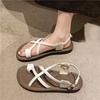Temperament with Skirt Flat Toe Sandals Women's 2025 New Summer Soft Sole Silver Cross with Roman Beach Sandals