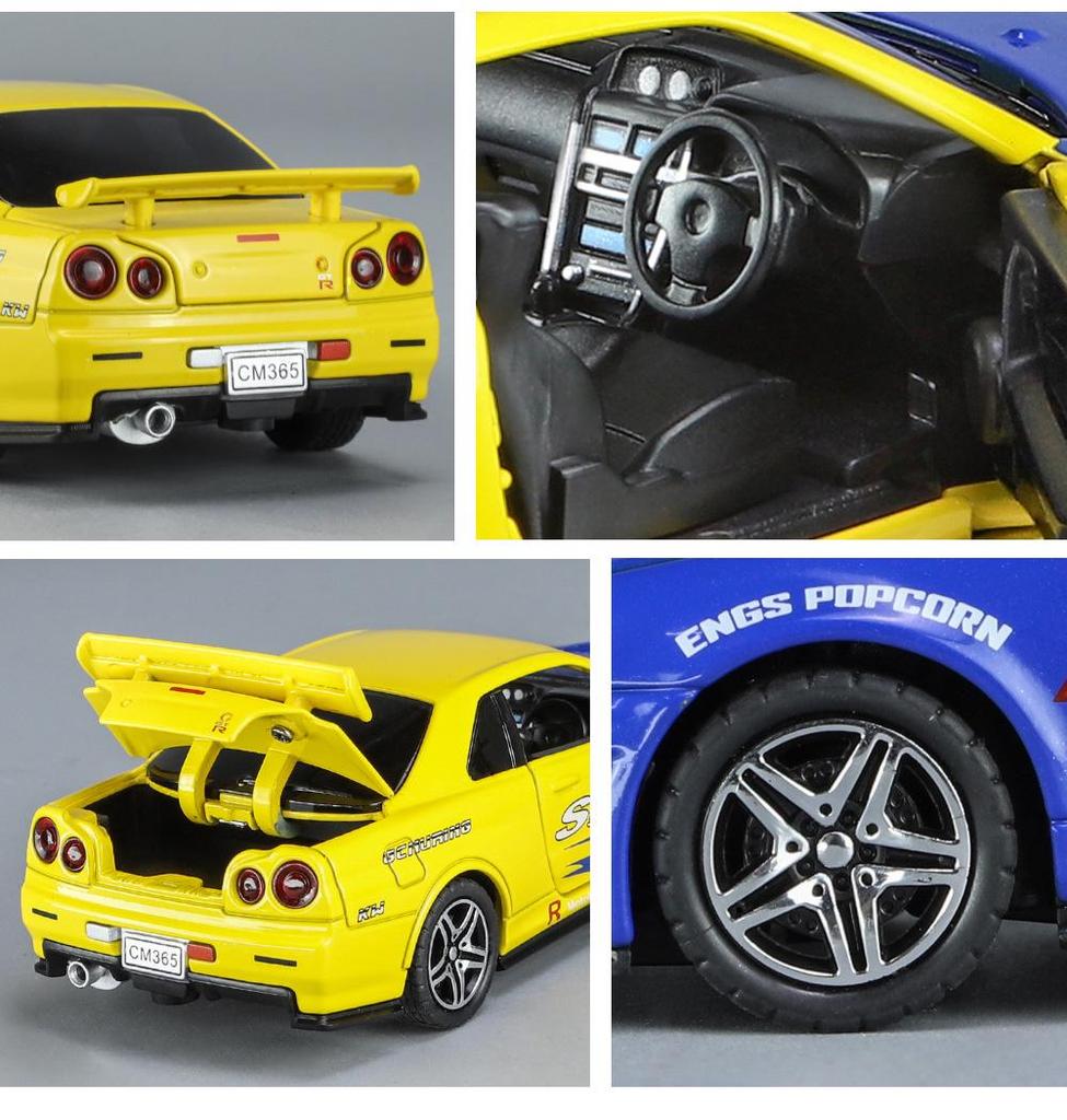 1:32 GTR R34 Low-Rider Sports Car Model with Opening Doors, Four-Wheel Suspension, Alloy Build, Sound and Light, Pull-Back Simulation