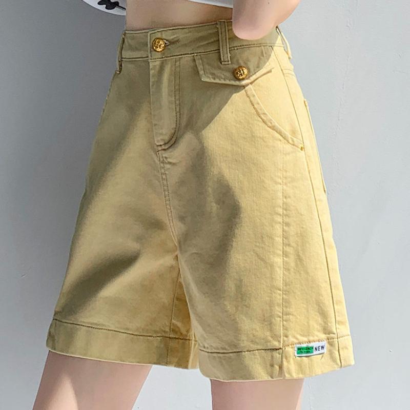 Шорты из денима цвета хаки с высокой талией для женщин. Летние тонкие свободные и повседневные укороченные шорты в американском желтом стиле. Модные