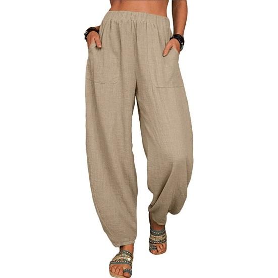 Women Casual Pants Elastic High Waist Solid Color Harem Pants with Pockets Loose