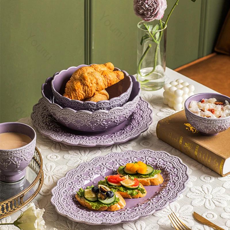 Модная рельефная обеденная тарелка в стиле ретро, фиолетовые креативные керамические тарелки, глубокая суповая миска, салатницы, бытовая утварь