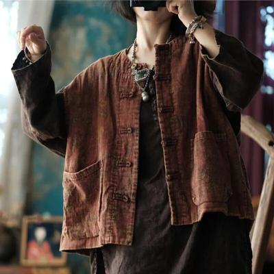 Женские винтажные лоскутные принты с цветочным принтом, пальто с круглым вырезом, без рукавов, карманы на пуговицах, пальто в китайском стиле