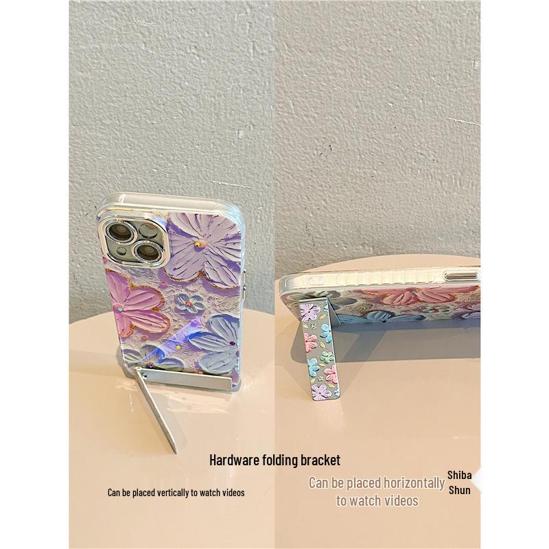 Масляная живопись синим светом, цветочный чехол для телефона для iPhone 16 Pro Max - Дизайн с тонким отверстием из перьевой пряжи в корейском стиле