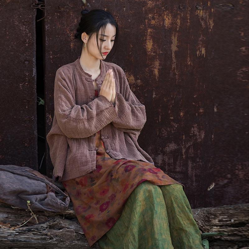 Women's Spring Cotton Linen Jacket - Wrinkled Texture, Over-dyed, Distressed, Perfect for Home, Travel, Zen Meditation