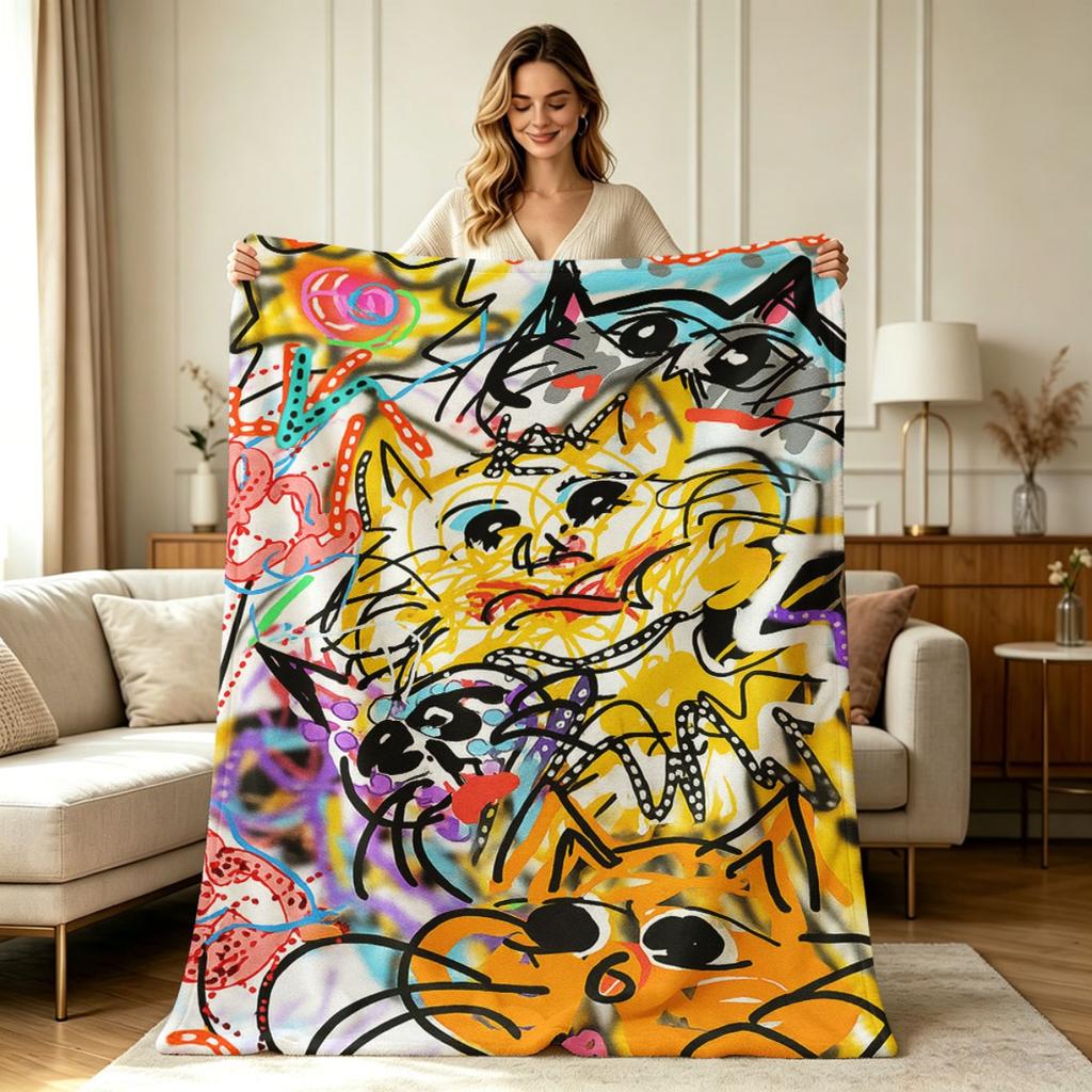 All Season Flannel Fleece Blanket with Fun Graffiti Cat Abstract Art Print Soft Warm Cozy Lightweight Throw Blanket for Living Room Sofa Couch Bedroom
