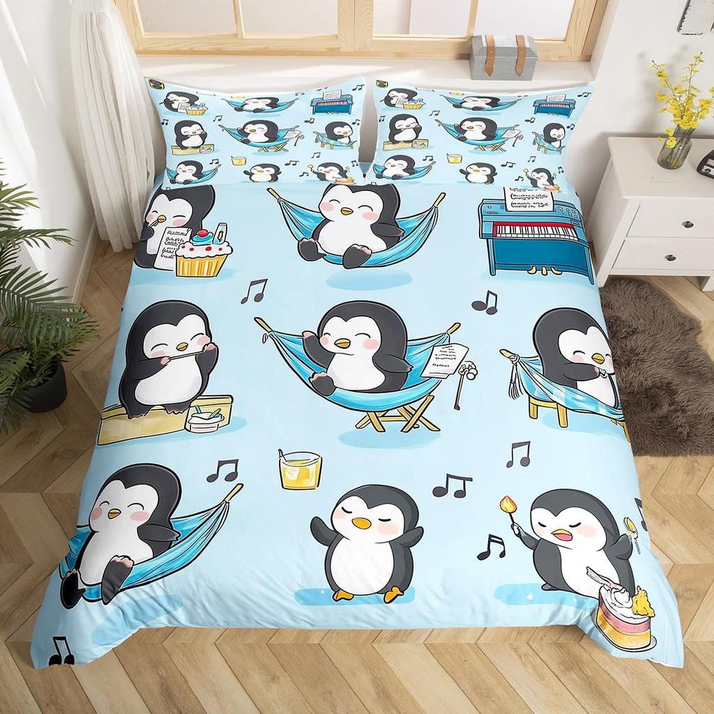 Penguin Bedding Set Galaxy Starry Sky Comforter Cover for Boys Girls Cartoon Penguin Duvet Cover Cute Antarctic Animal Bed Set