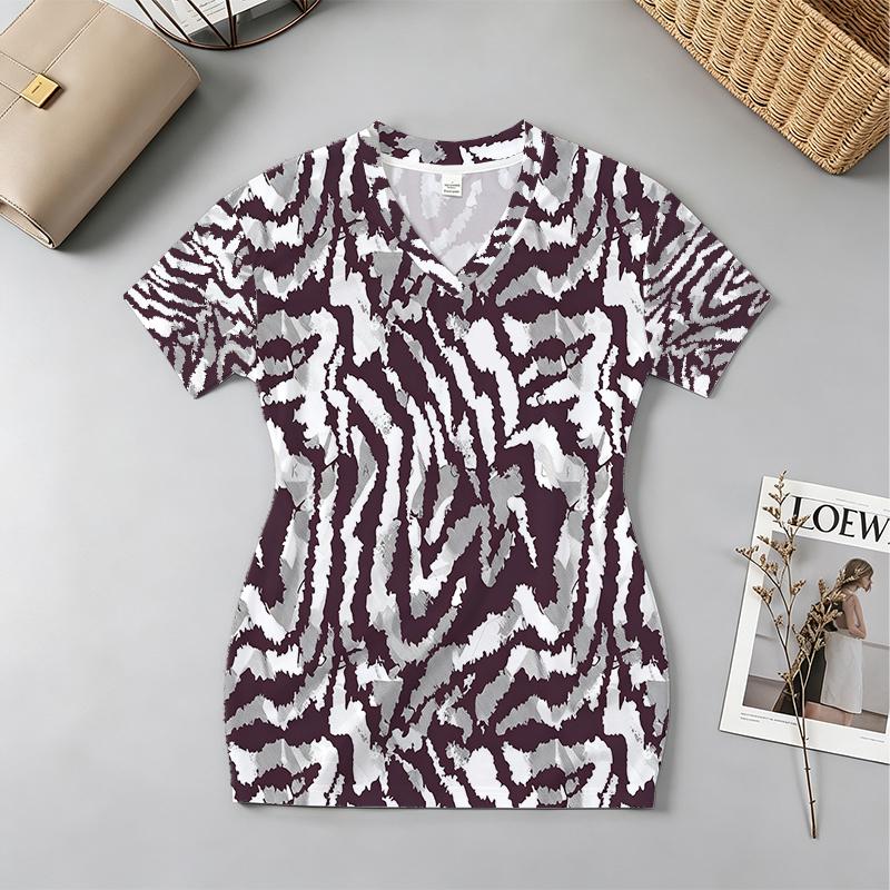 Zebra Print Fitted Short Sleeve Dress – V Neck, Soft Skin-Friendly, Versatile for Beach, Daily Casual, Vacation & Commute Outings