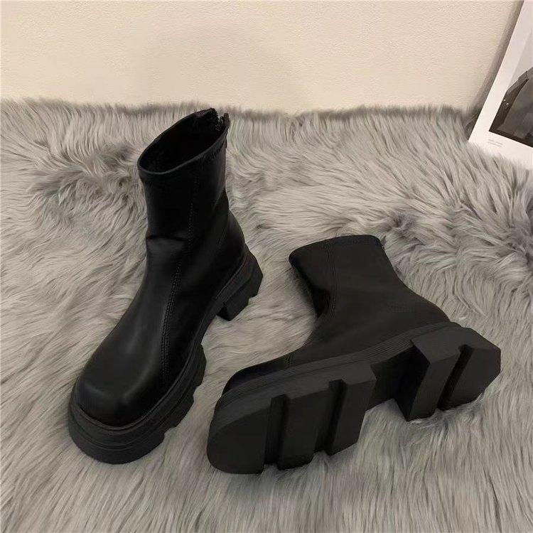 Осенние и зимние сапоги на толстой подошве Женские сапоги Весенние сапоги с подкладкой Ботильоны скинни Французские корейские короткие сапоги