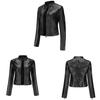 Women Faux Leather Jacket Cropped Zip Up Motorcycle Short PU Moto Biker Outwear Fitted Slim Coat with Pockets Stylish Rivets Punk Rock Fashion Blazer