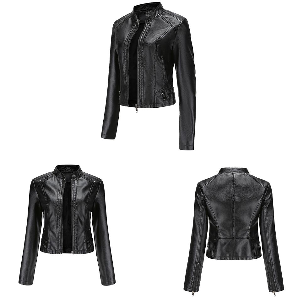 Women Faux Leather Jacket Cropped Zip Up Motorcycle Short PU Moto Biker Outwear Fitted Slim Coat with Pockets Stylish Rivets Punk Rock Fashion Blazer