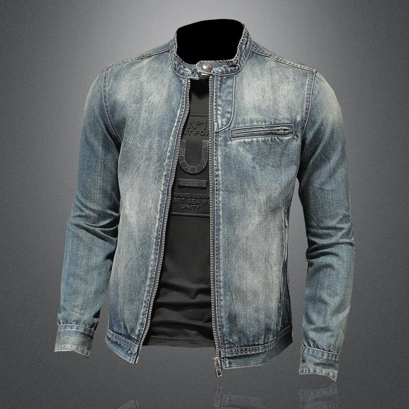 Новая мода Slim Fit Мужская стоячая молния Harley Мотоциклетная джинсовая куртка Мужское пальто