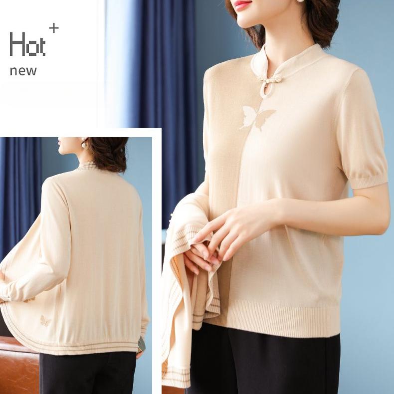 2PC Knitted Tops Suits Spring Autumn Women Knitted Cardigan Jacket Thin Short Sleeve T-Shirt Open-front Knitted Coat Plus Size Knitted T-Shirt Outfits