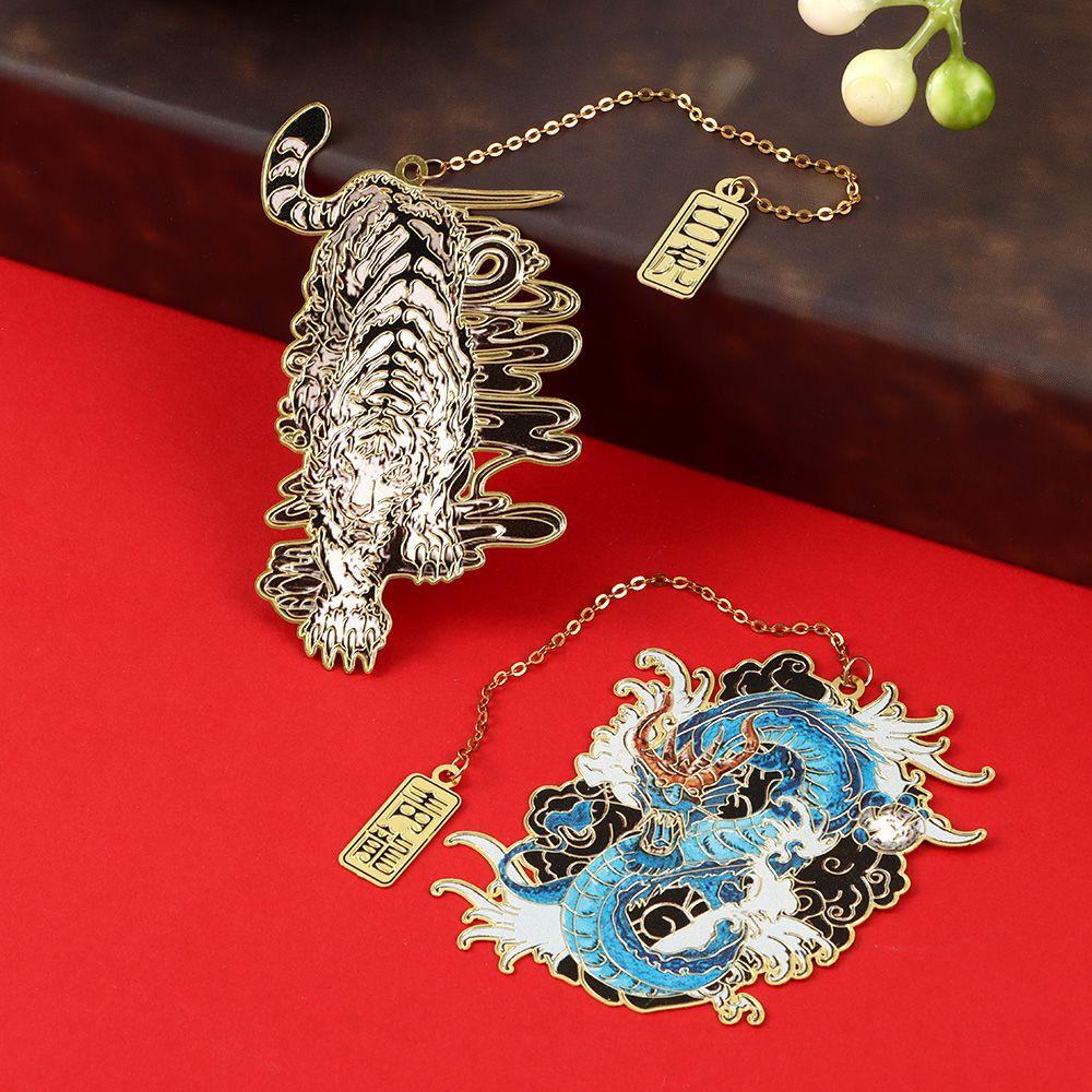 New Chinese Style Retro Mythical Bookmark With Tassel Creative Metal Hollow Dragon Tiger Book Clip Student Gift Office Supplies