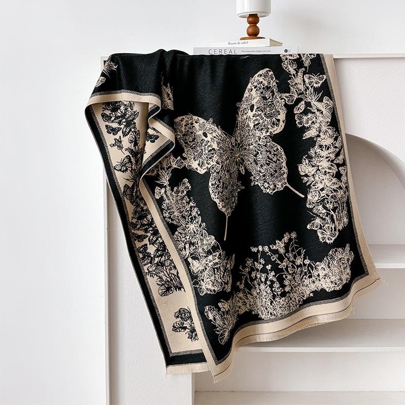 Butterfly Insect Print Style Fashionable And Elegant Women'S Imitation Cashmere Warm Scarf Large Shawl