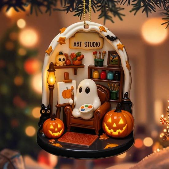 Halloween Ghost Ornament Acrylic Ghost-Themed Reading Cooking Painting Ornament Tree Hanging Decoration for Indoor Home Decor